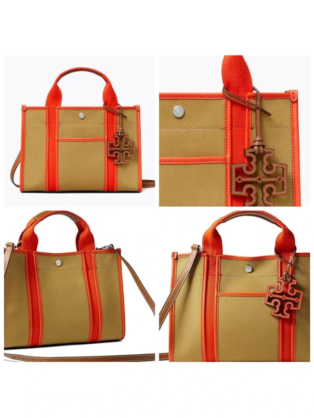 Tory Burch Brown Orange Tory Small Twill Canvas Tote Handbag